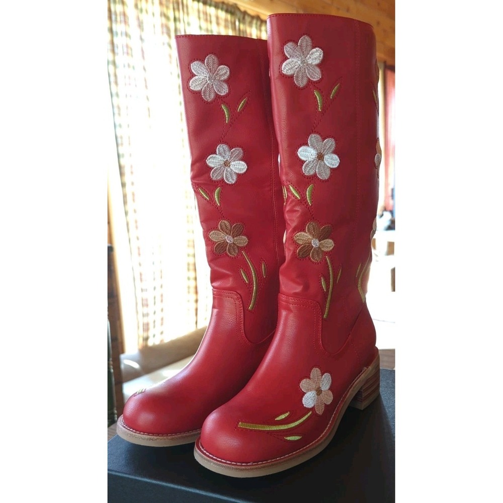 New VBDB Red Knee High Boots for Women Square Toe Wide Calf Pull on Size 7.5